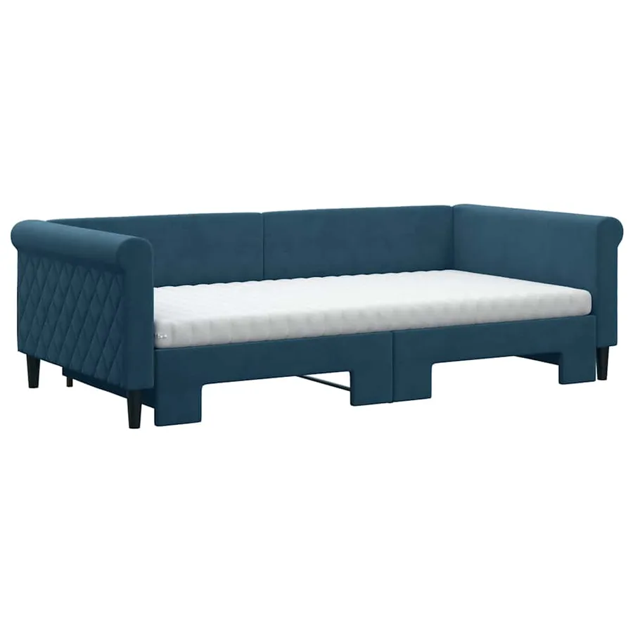 Lit de jour avec lit gigogne et matelas bleu 100x200 cm velours - 3