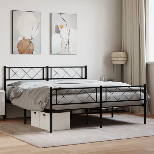 Cadre de lit métal sans matelas avec pied de lit noir 140x190cm