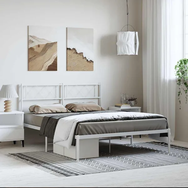 Cadre de lit métal sans matelas et tête de lit blanc 135x190 cm