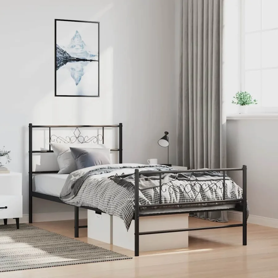 Cadre de lit métal sans matelas avec pied de lit noir 100x190cm