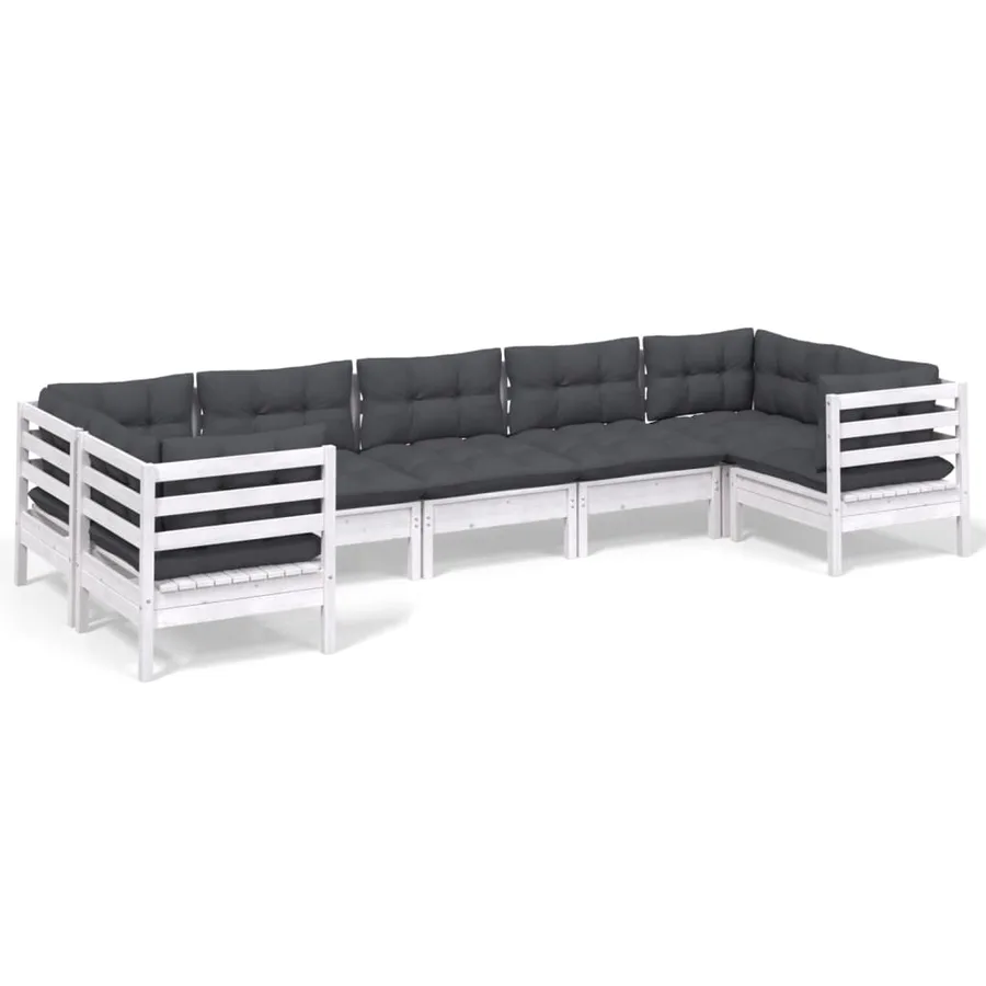 Salon de jardin 7 pcs avec coussins blanc bois de pin - 2