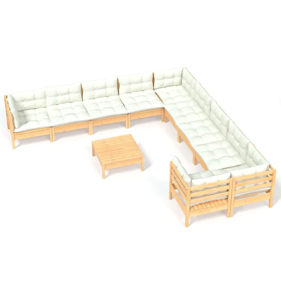 Salon de jardin 11 pcs avec coussins crème bois de pin - 2
