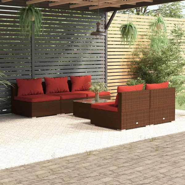 Salon de jardin 6 pcs avec coussins Résine tressée Marron