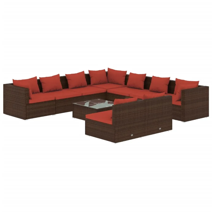 Salon de jardin 10 pcs avec coussins marron résine tressée - 2