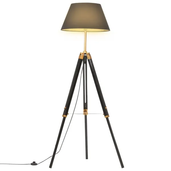 Lampadaire à trépied Noir et doré Bois de teck massif 141 cm