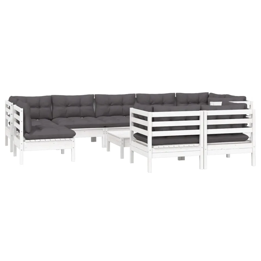 Salon de jardin 10 pcs avec coussins blanc bois de pin massif - 3