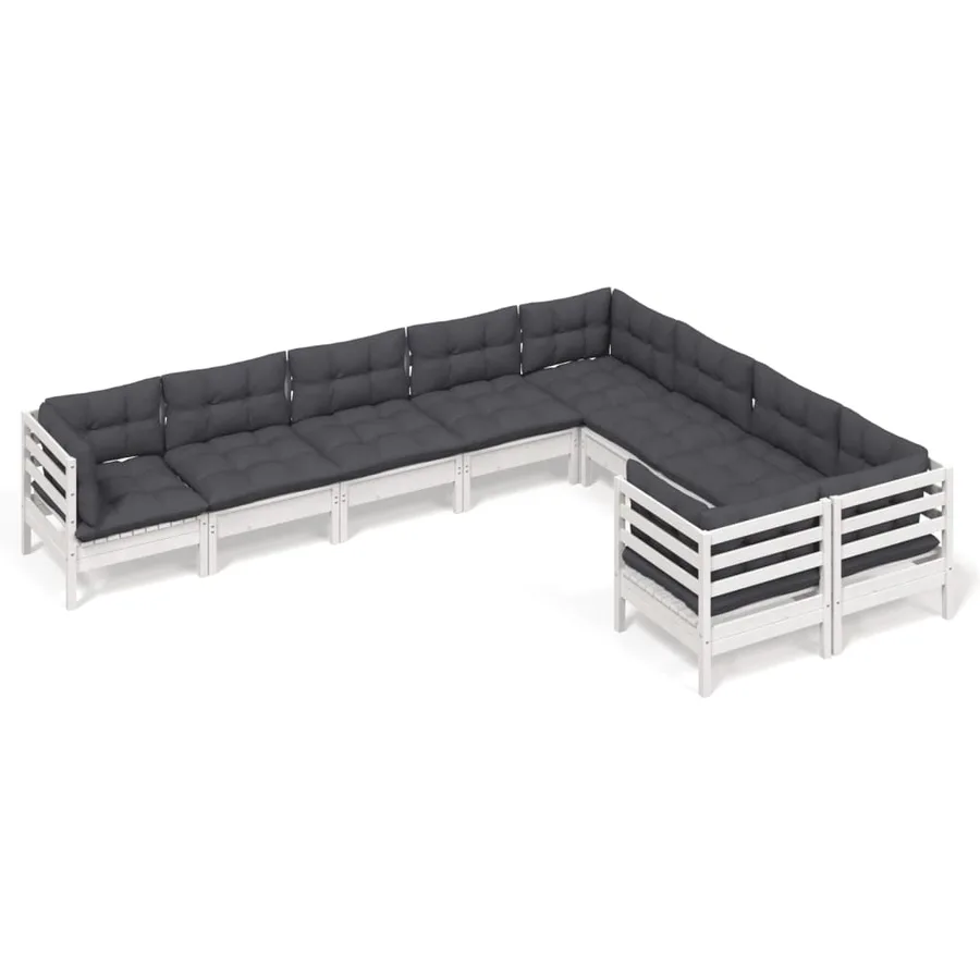 Salon de jardin 9 pcs avec coussins blanc bois de pin - 2