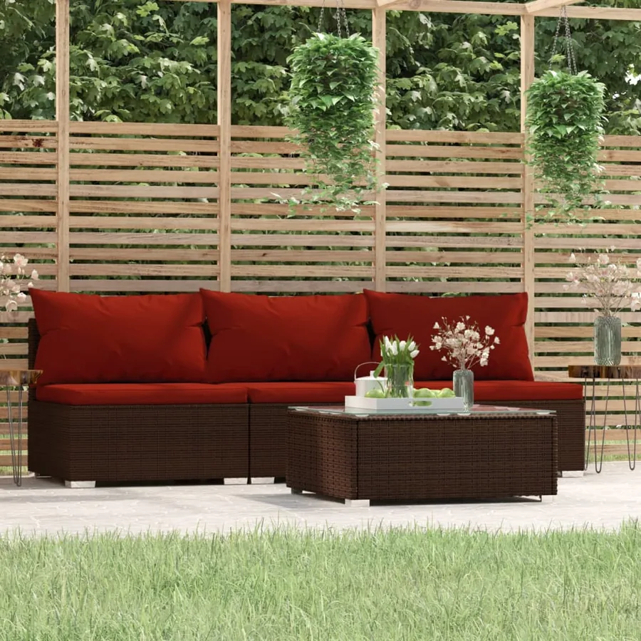 Salon de jardin 4 pcs avec coussins Marron Résine tressée