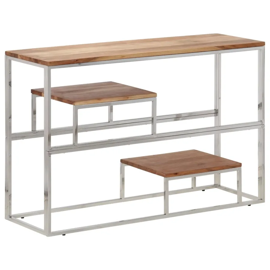 Table console argenté acier inoxydable et bois massif d'acacia - 2