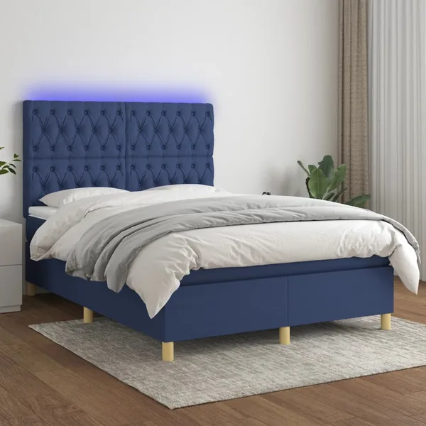 Sommier à lattes de lit et matelas et LED Bleu 140x200 cm Tissu