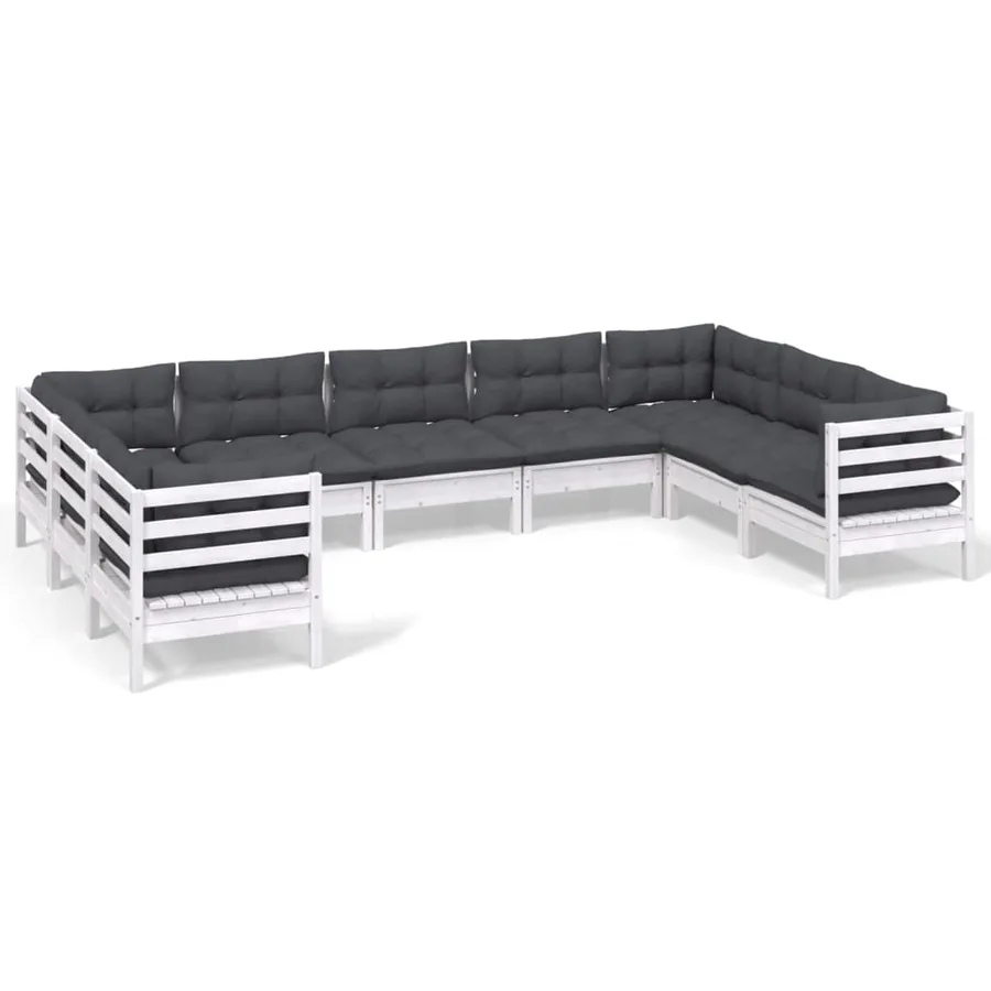 Salon de jardin 9 pcs avec coussins blanc bois de pin - 2