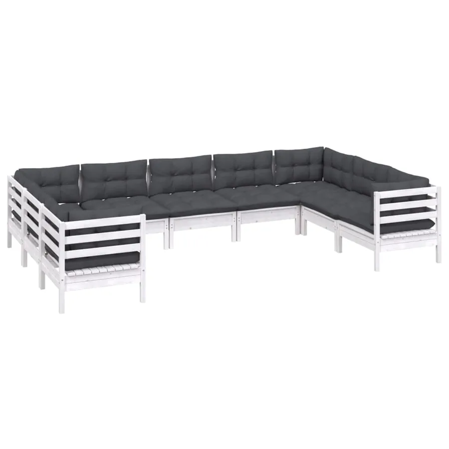 Salon de jardin 9 pcs avec coussins blanc bois de pin - 3