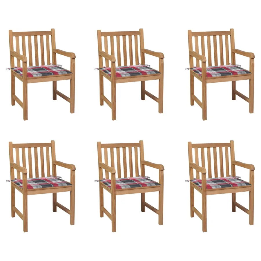 Chaises de jardin lot de 6 et coussins carreaux rouge bois teck