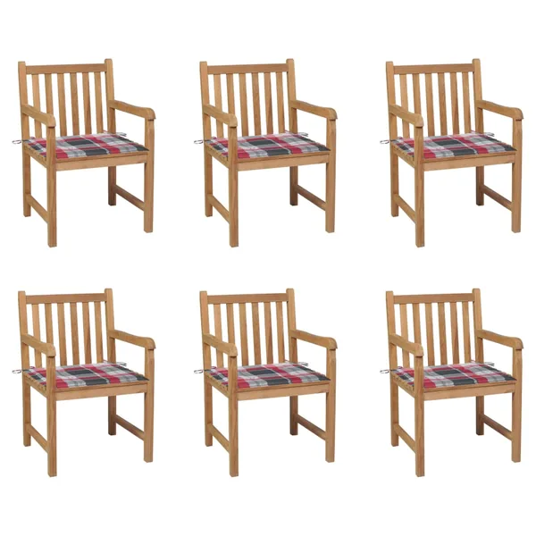 Chaises de jardin lot de 6 et coussins carreaux rouge bois teck