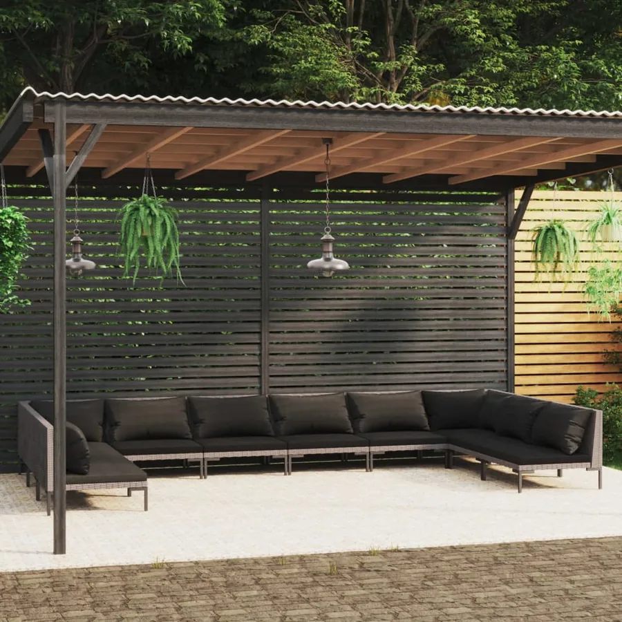 Salon de jardin 10 pcs avec coussins Résine tressée Gris foncé