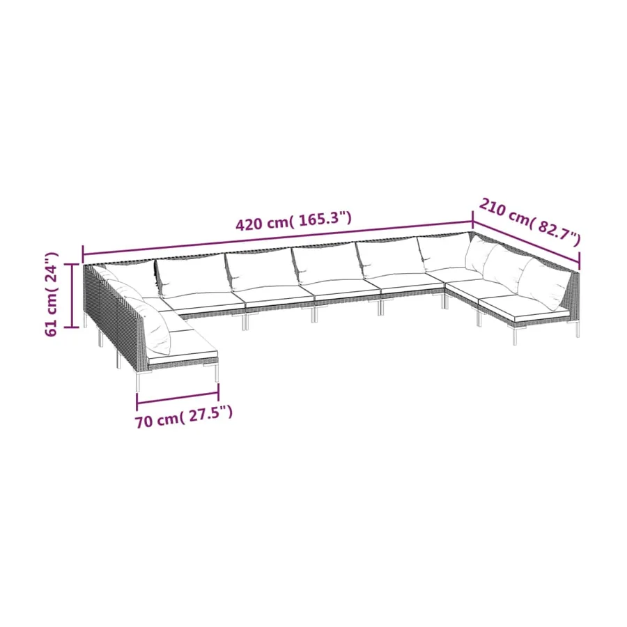 Salon de jardin 10 pcs avec coussins Résine tressée Gris foncé - 7