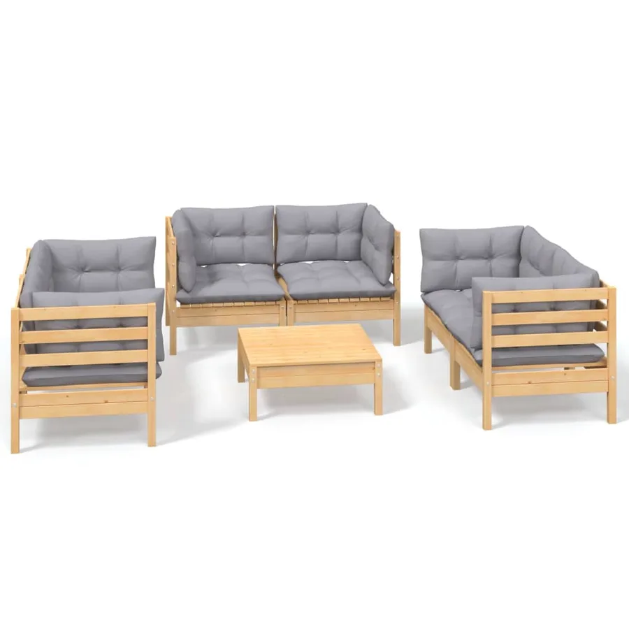 Salon de jardin 7 pcs avec coussins gris bois de pin massif - 2