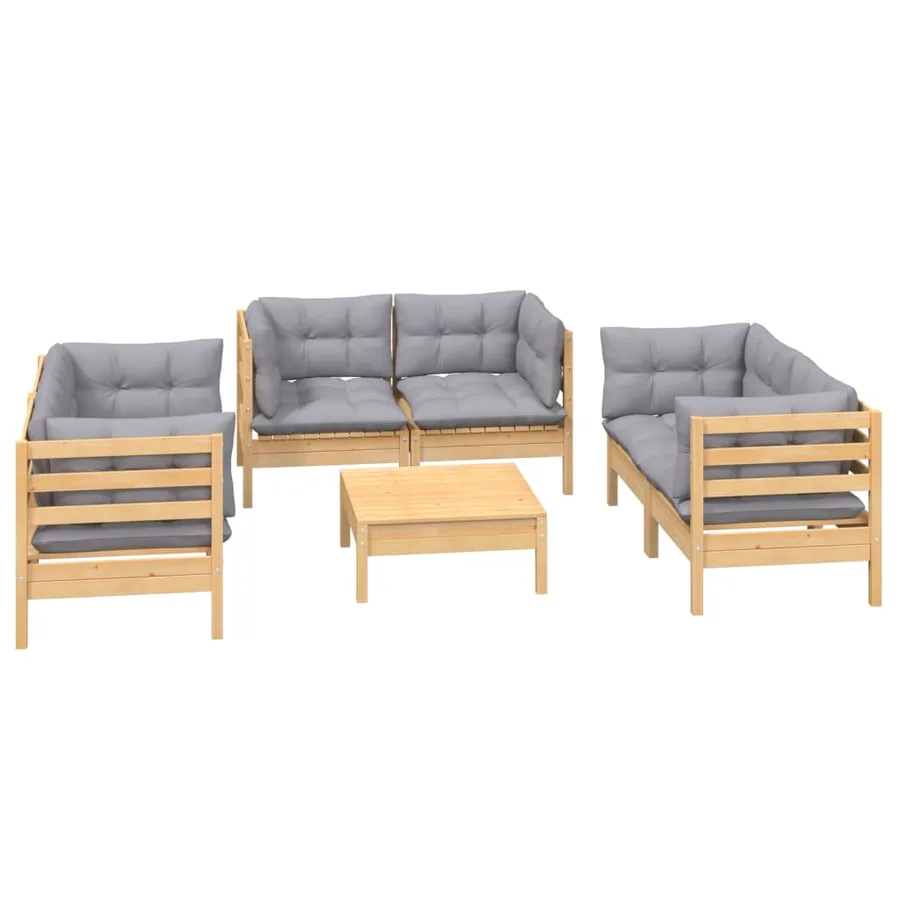 Salon de jardin 7 pcs avec coussins gris bois de pin massif - 3
