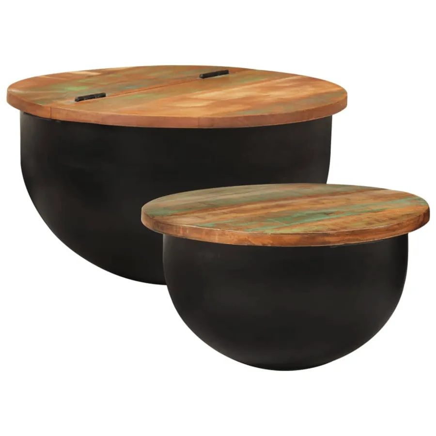 Ensemble de tables basses 2 pcs noir bois récupération massif - 9