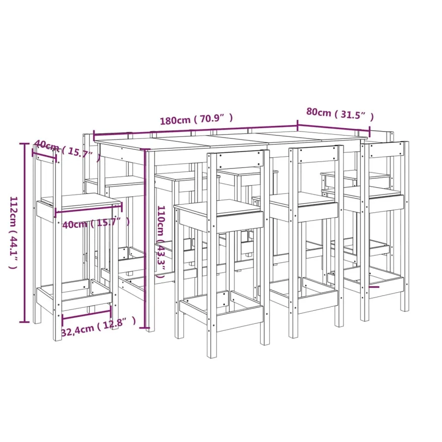 Ensemble de bar 9 pcs Blanc Bois de pin massif - 9