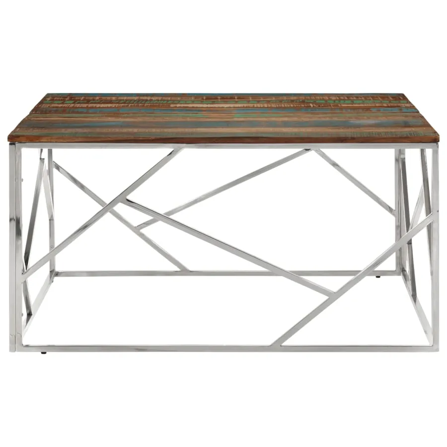 Table basse argenté acier inoxydable/bois massif récupération - 2