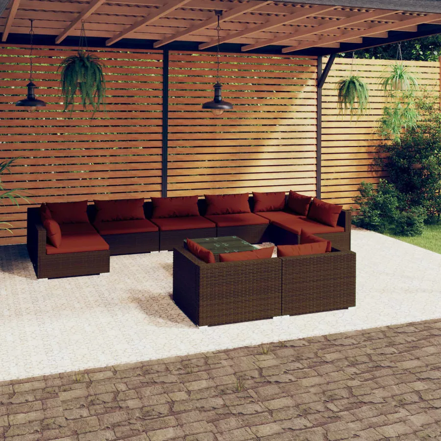 Salon de jardin 10 pcs avec coussins marron résine tressée