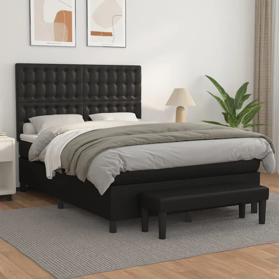 Sommier à lattes de lit avec matelas Noir 140x200 cm Similicuir