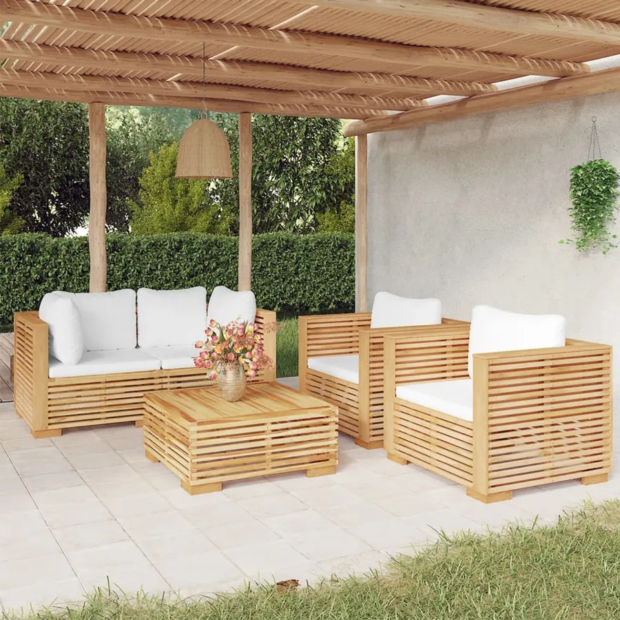 Salon de jardin 5 pcs avec coussins Bois de teck solide