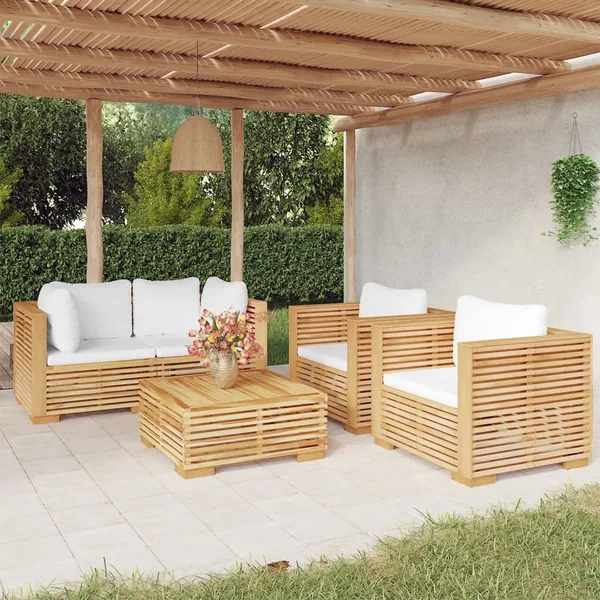 Salon de jardin 5 pcs avec coussins Bois de teck solide