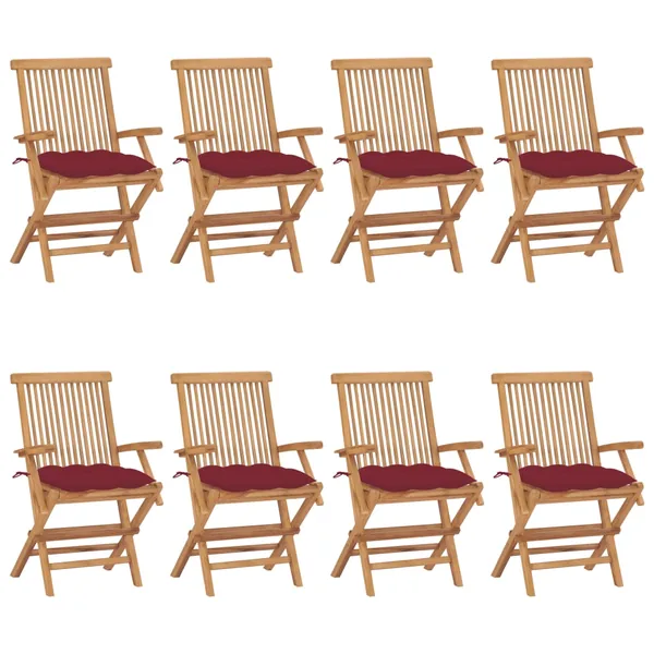 Chaises de jardin avec coussins bordeaux lot de 8 Teck massif