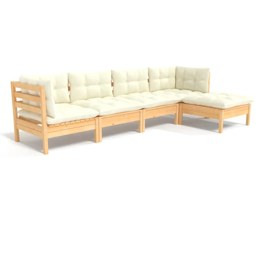 Salon de jardin 5 pcs avec coussins crème bois de pin - 2