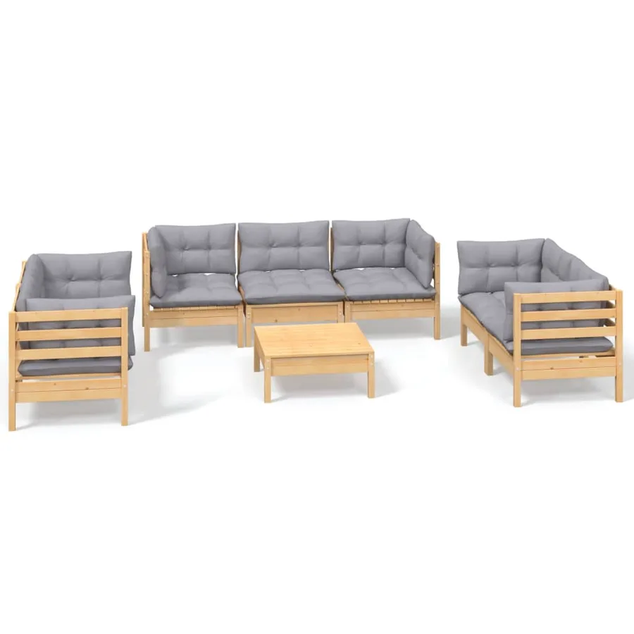 Salon de jardin 8 pcs avec coussins gris Bois de pin massif - 2