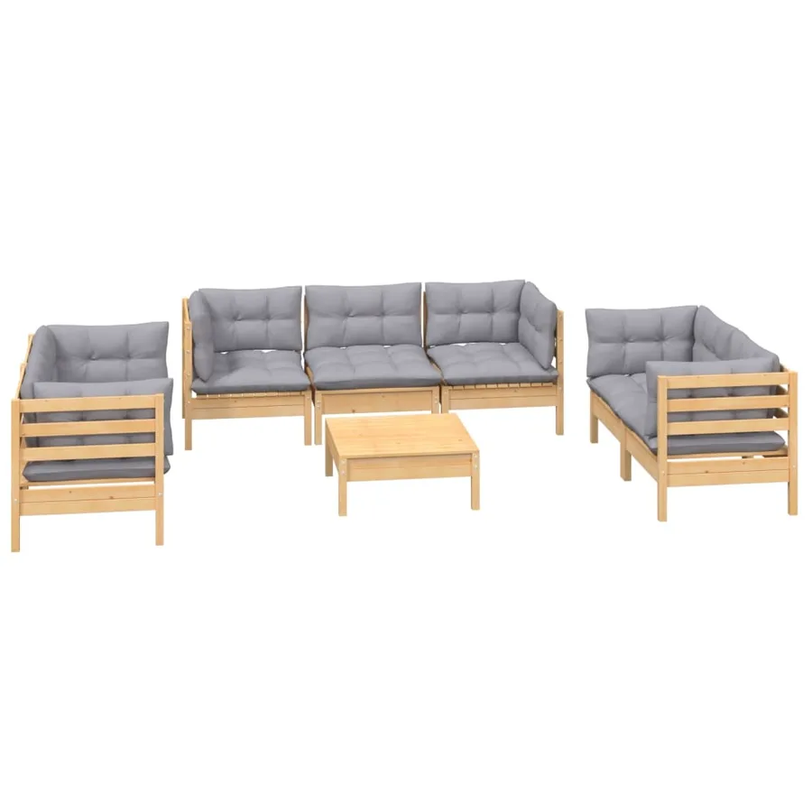 Salon de jardin 8 pcs avec coussins gris Bois de pin massif - 3