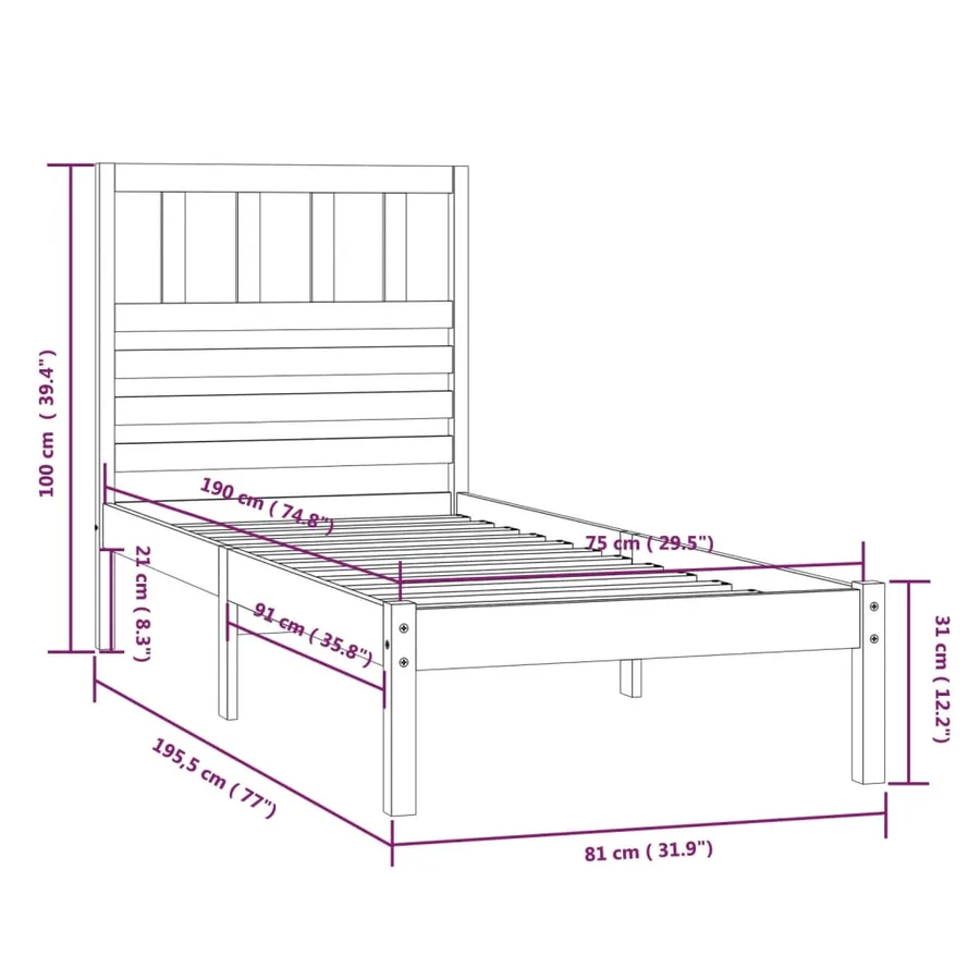 Cadre de lit sans matelas blanc 75x190 cm bois de pin massif - 9