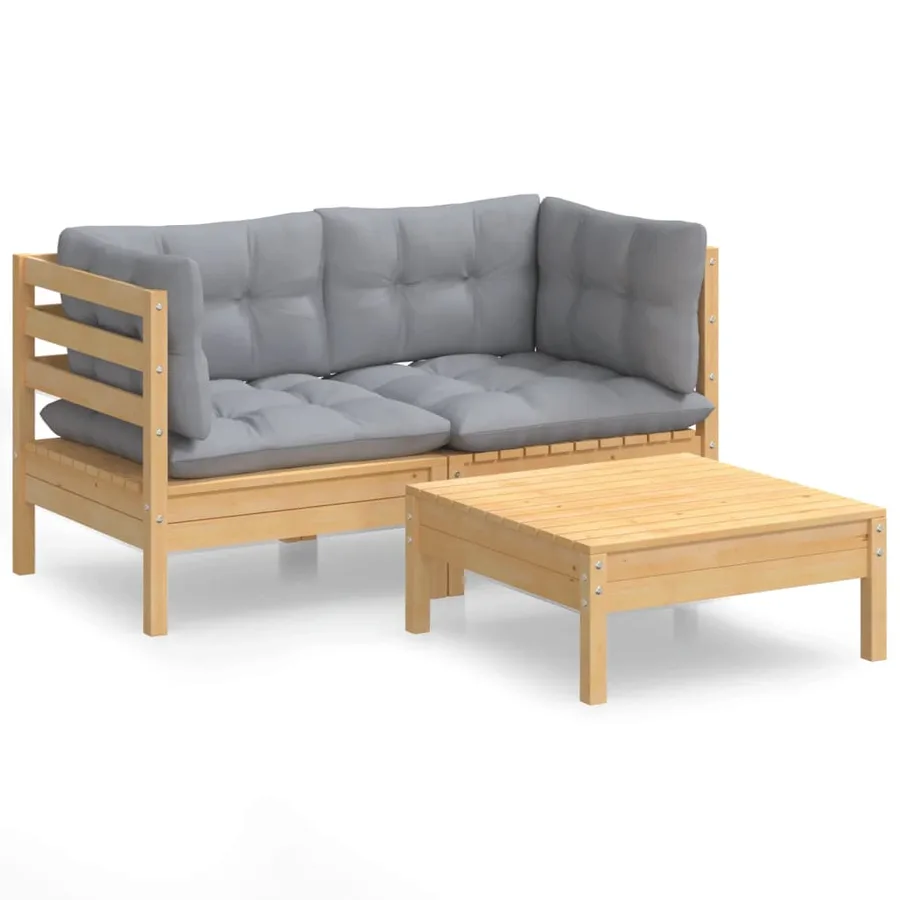 Salon de jardin 3 pcs avec coussins gris Bois de pin - 2