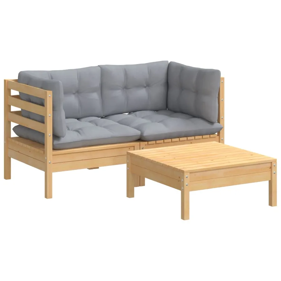 Salon de jardin 3 pcs avec coussins gris Bois de pin - 3