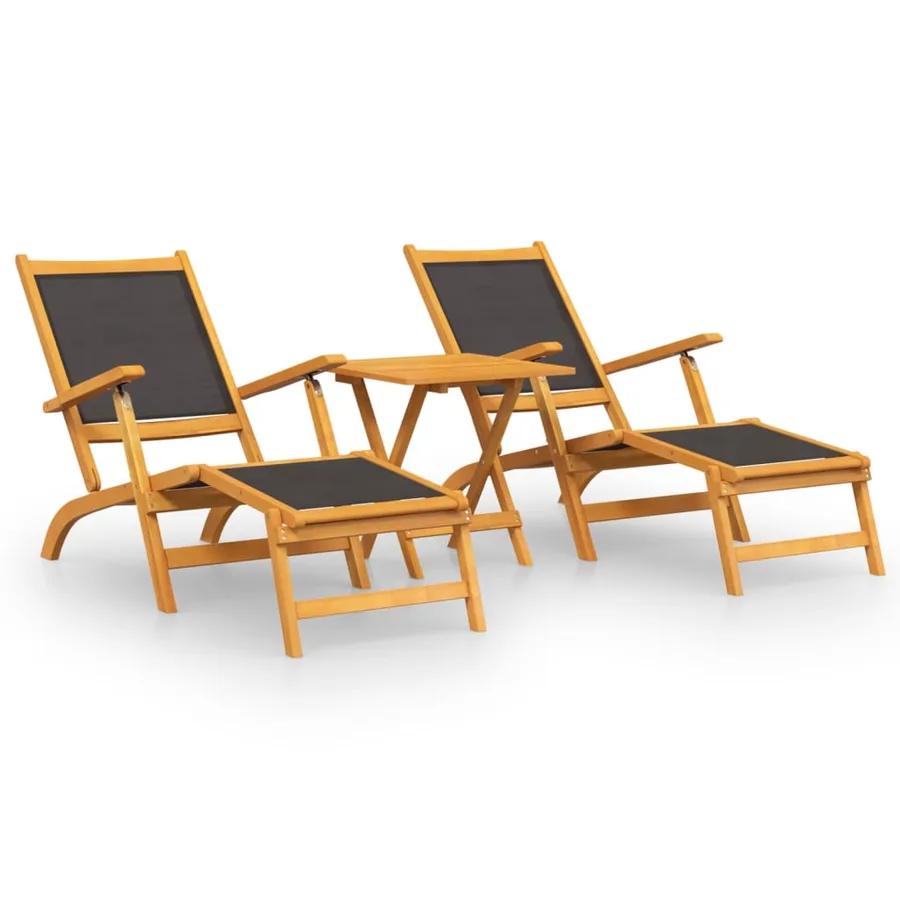Chaises longues d'extérieur et table Acacia massif et textilène - 2
