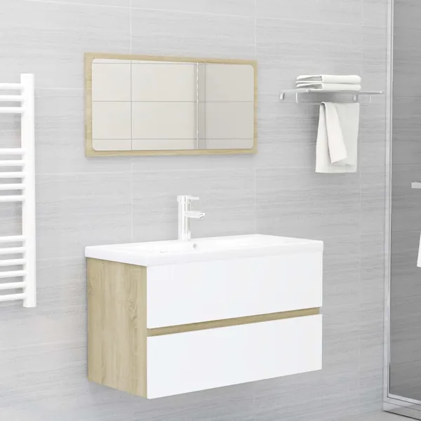 Ensemble de meubles de bain Blanc et chêne sonoma Aggloméré