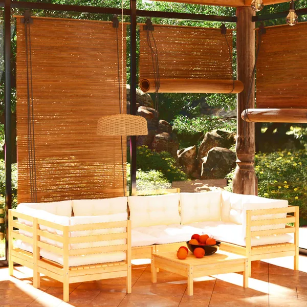 Salon de jardin 7 pcs avec coussins crème bois de pin