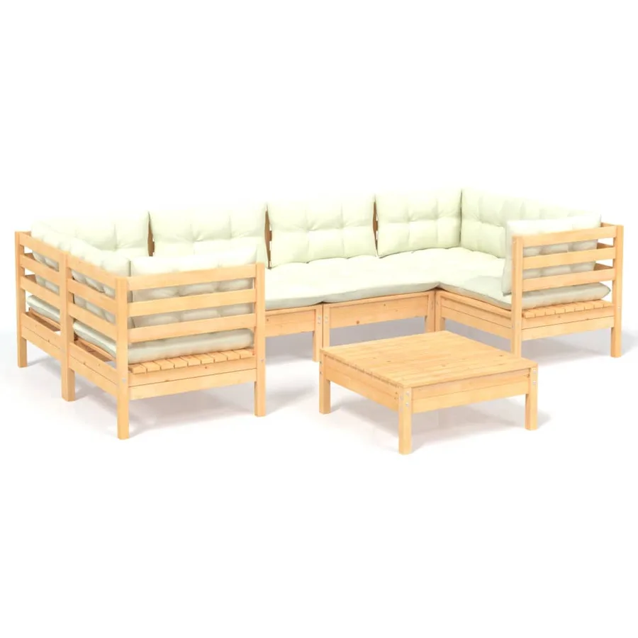 Salon de jardin 7 pcs avec coussins crème bois de pin - 2
