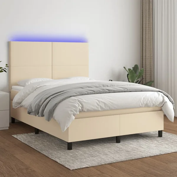 Sommier à lattes de lit et matelas et LED Crème 140x190cm Tissu