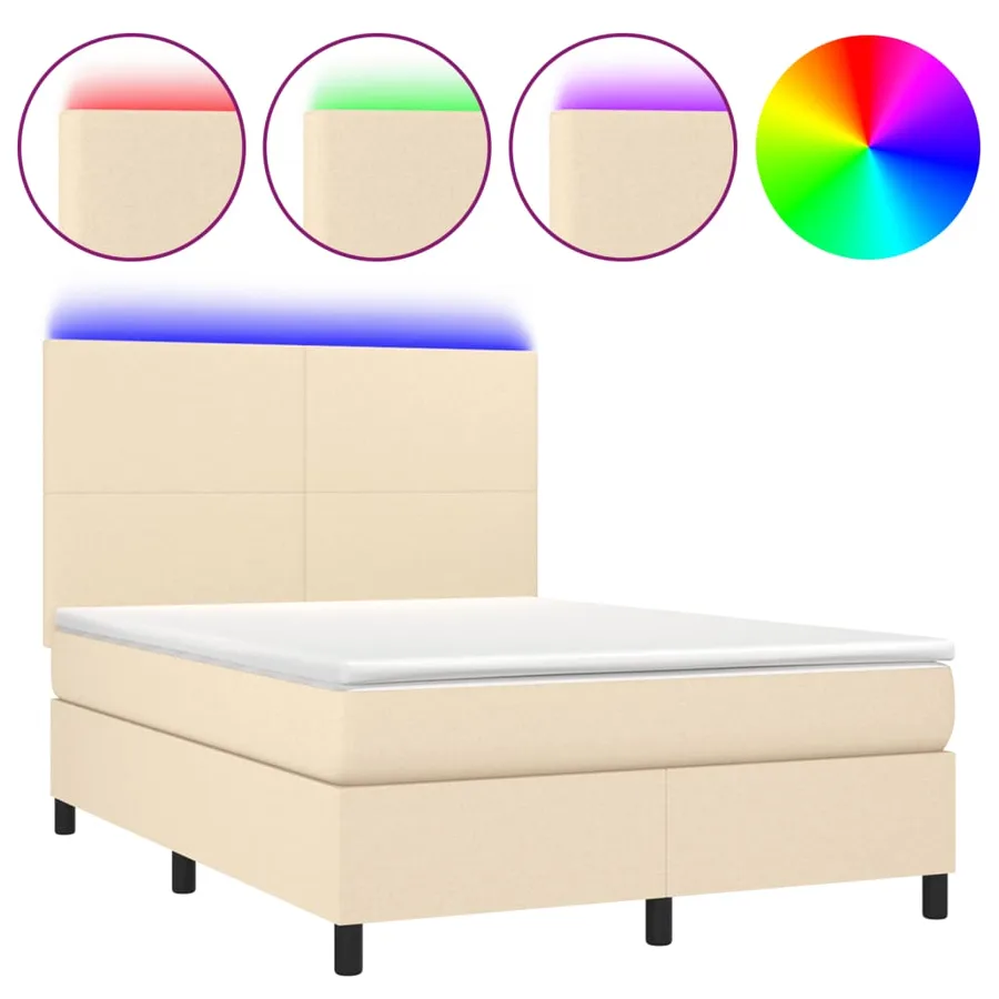 Sommier à lattes de lit et matelas et LED Crème 140x190cm Tissu - 2