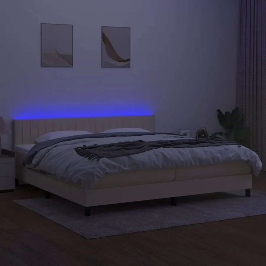 Sommier à lattes de lit et matelas et LED Crème 200x200cm Tissu - 4