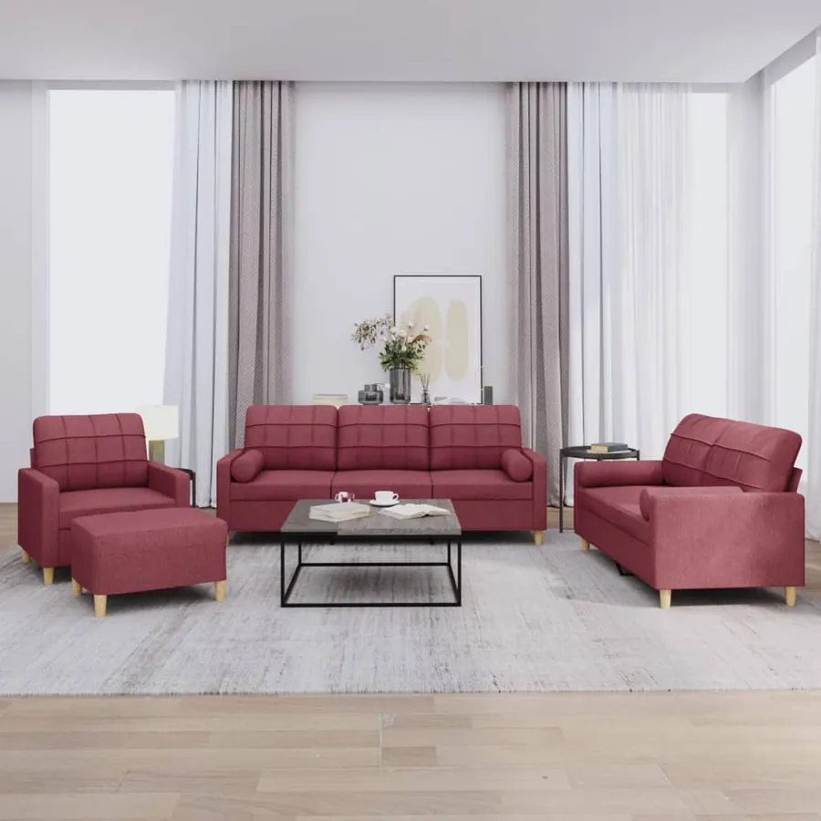 Ensemble de canapés 4 pcs avec coussins rouge bordeaux tissu