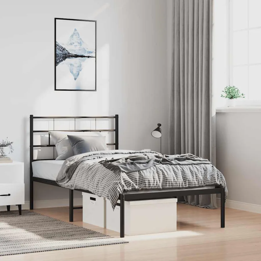 Cadre de lit métal sans matelas avec tête de lit noir 100x190cm