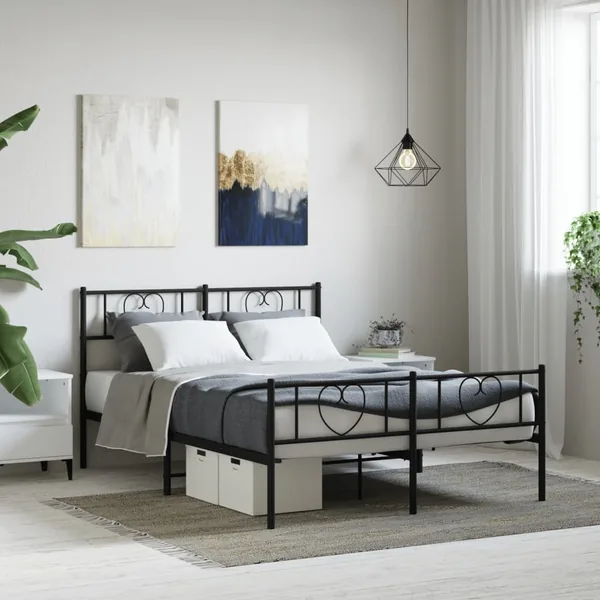 Cadre de lit métal sans matelas avec pied de lit noir 160x200cm