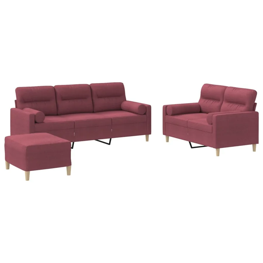 Ensemble de canapés 3 pcs avec coussins rouge bordeaux tissu - 2
