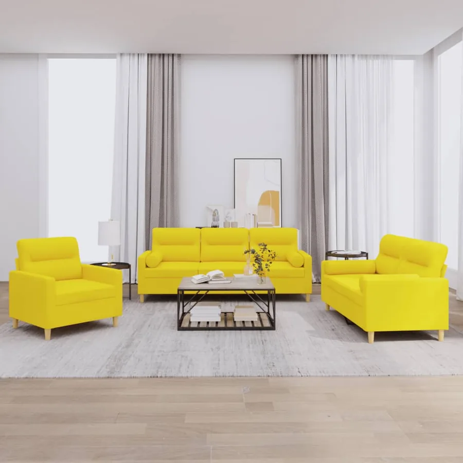 Ensemble de canapés 3 pcs avec coussins jaune clair tissu