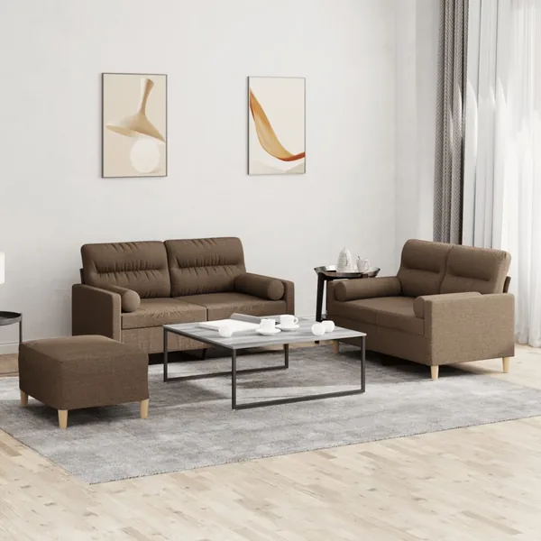Ensemble de canapés 3 pcs avec coussins marron tissu