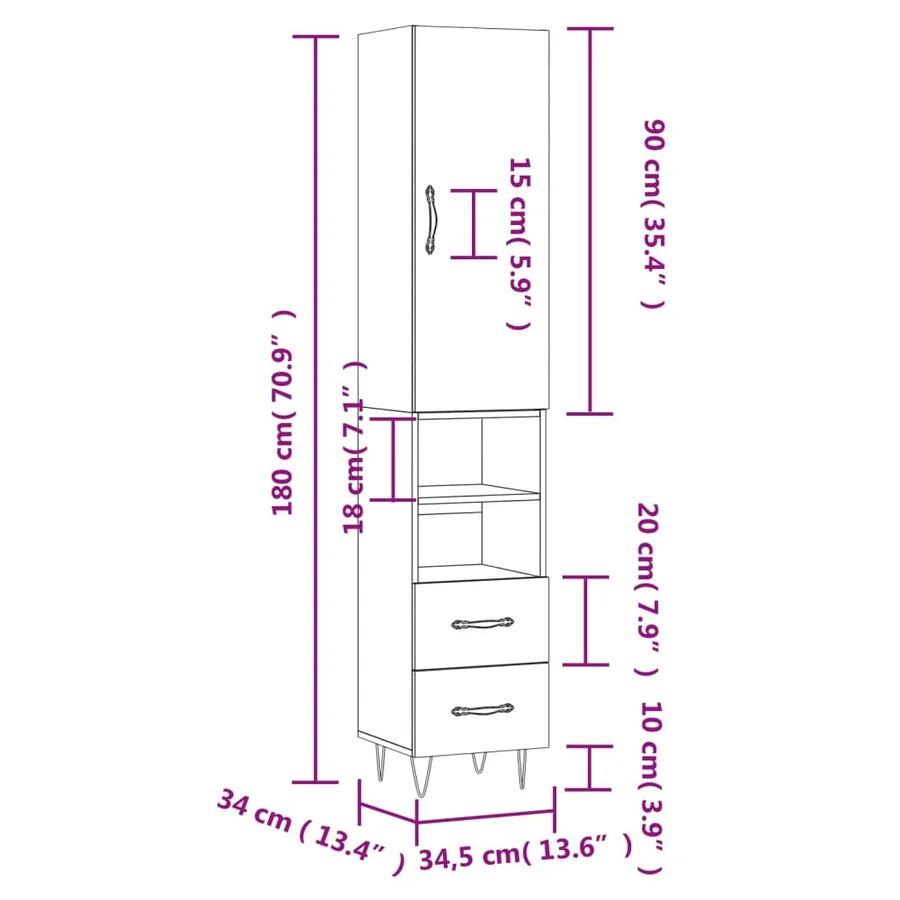 Buffet haut Blanc 34,5x34x180 cm Bois d'ingénierie - 14